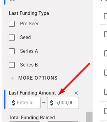 Image showing the funding amount filter on Crunchbase