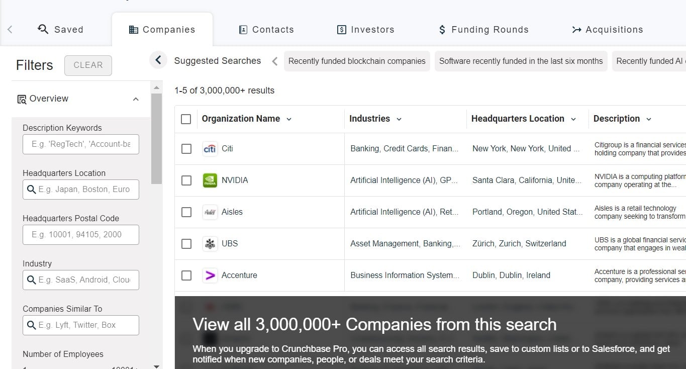 Image showing advanced Crunchbase filters