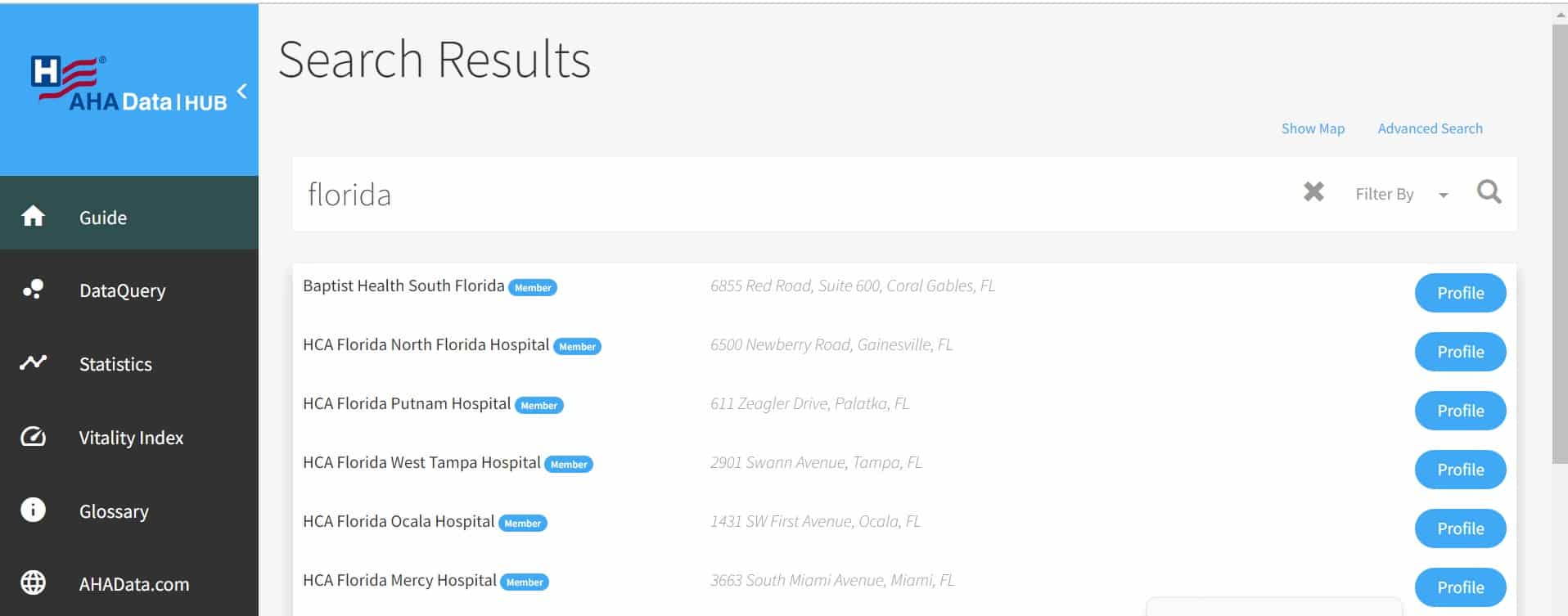 Screenshot of the American Hospital Association database