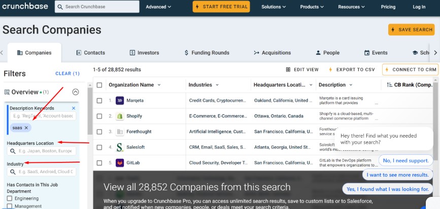 Crunchbase filters example