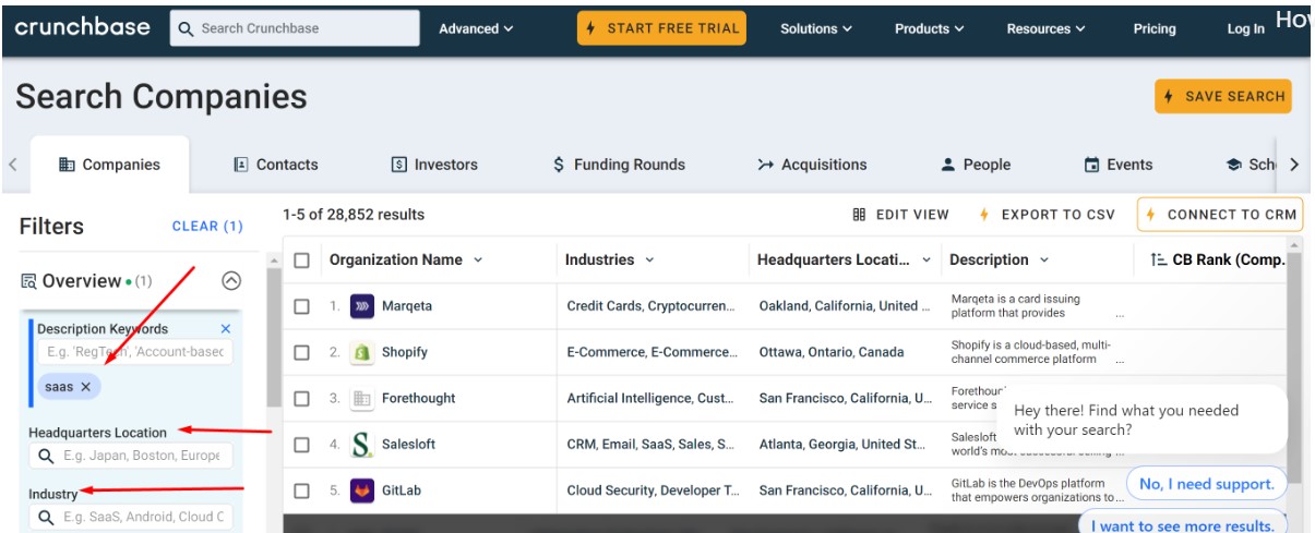 Crunchbase filters example