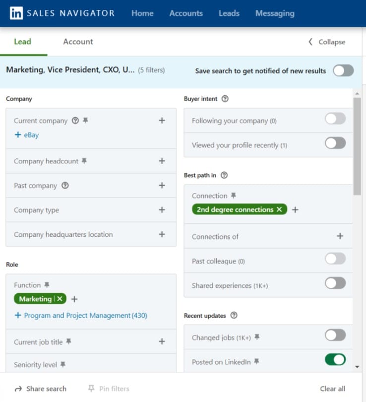 LinkedIn Sales Navigator Core search filters screenshot